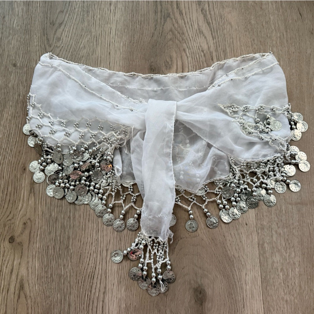 White and Silver Coin Hip Belly Dance Skirt Scarf